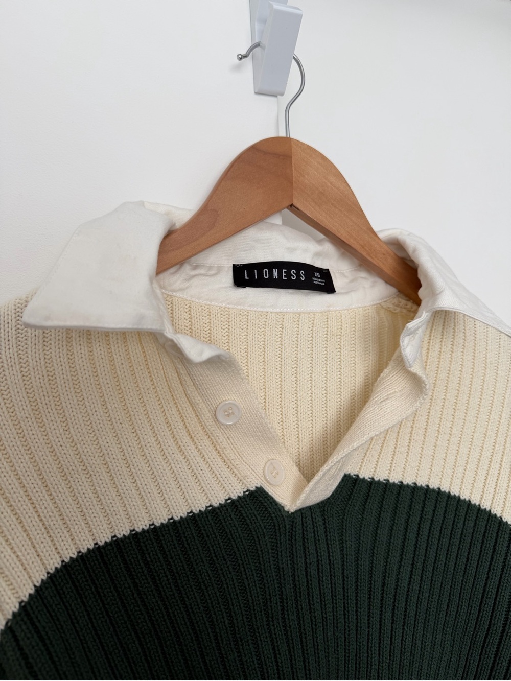 Lioness Prince Rugby Sweater Top in Moss Stripe Green White Collared XS - Picture 5 of 10
